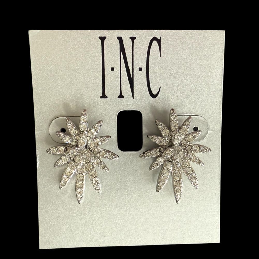 INC International Concepts Silver Crystal Starburst Stud Statement Earrings NWT